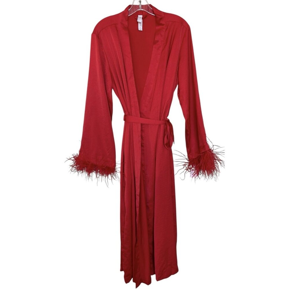 A New Day Robe Womens‎ Size Medium Large M/L Red Feathers Valentines Day Satin